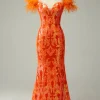 Off the Shoulder Orange Sequins Mermaid Prom Dress with Feathers