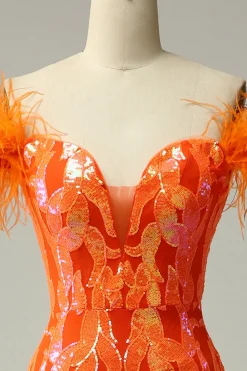 Off the Shoulder Orange Sequins Mermaid Prom Dress with Feathers