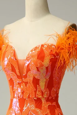 Off the Shoulder Orange Sequins Mermaid Prom Dress with Feathers