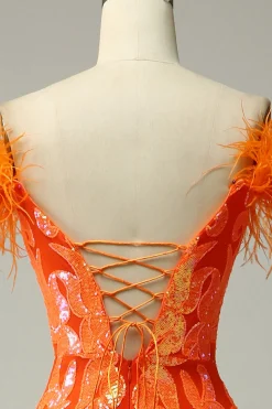 Off the Shoulder Orange Sequins Mermaid Prom Dress with Feathers