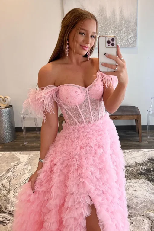 Off the Shoulder Princess Prom Dress with Feathers