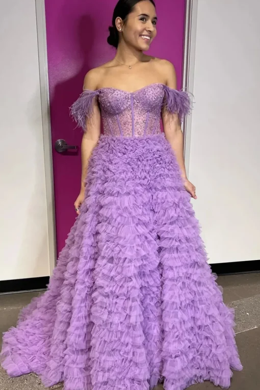 Off the Shoulder Princess Prom Dress with Feathers