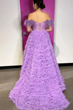 Off the Shoulder Princess Prom Dress with Feathers