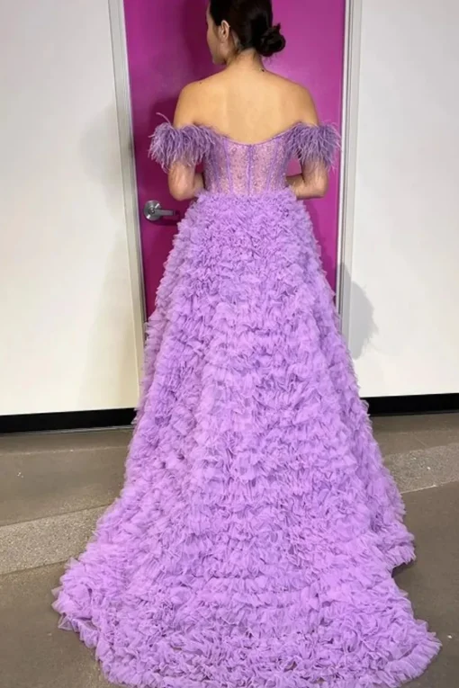 Off the Shoulder Princess Prom Dress with Feathers