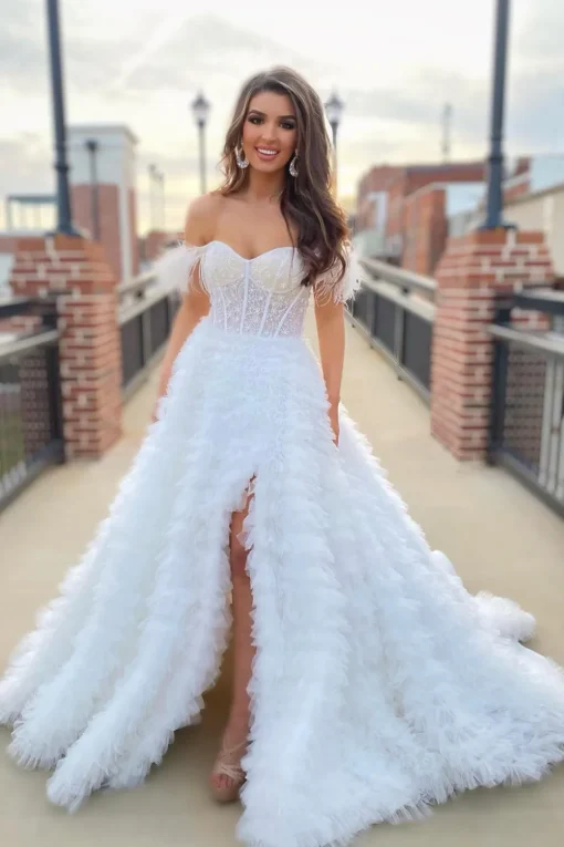 Off the Shoulder Princess Prom Dress with Feathers