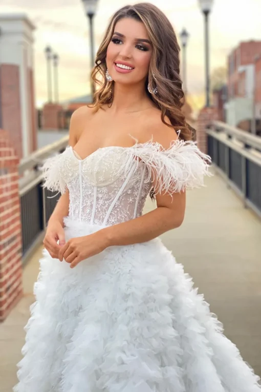 Off the Shoulder Princess Prom Dress with Feathers