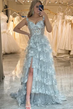 Off the Shoulder Purple Corset Prom Dress with Slit