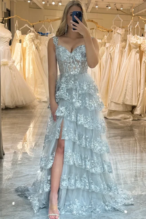 Off the Shoulder Purple Corset Prom Dress with Slit