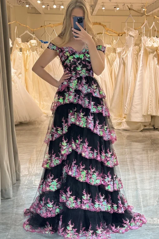 Off the Shoulder Purple Corset Prom Dress with Slit