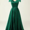 Off the Shoulder Satin A-line Prom Dress with Buttons