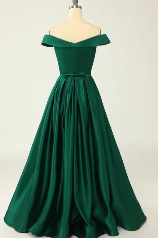 Off the Shoulder Satin A-line Prom Dress with Buttons