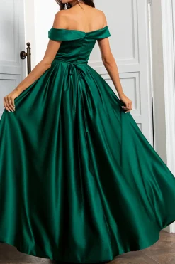 Off the Shoulder Satin A-line Prom Dress with Buttons