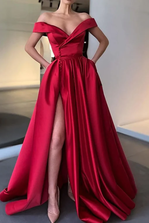 Off the Shoulder Satin A-line Prom Dress with Buttons