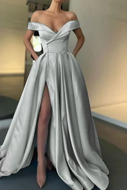 Off the Shoulder Satin A-line Prom Dress with Buttons