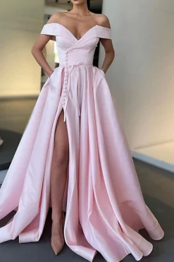 Off the Shoulder Satin A-line Prom Dress with Buttons