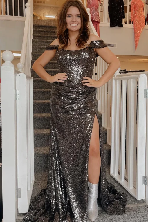 Off the Shoulder Sequin Glitter Prom Dress with Slit