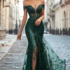 Off the Shoulder Sequin Mermaid Dark Green Sleeveless Prom Dress