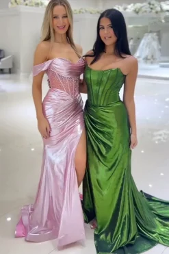 Off the Shoulder Sparkly Corset Pink Beaded Long Prom Dress with Slit