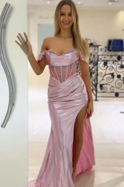 Off the Shoulder Sparkly Corset Pink Beaded Long Prom Dress with Slit