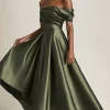 Olive A-Line Off the Shoulder Ruched Satin Ankle Length Mother of the Bride Dress