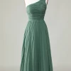 One Shoulder A Line Ruched Tea-Length Eucalyptus Bridesmaid Dress
