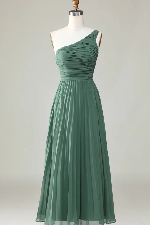 One Shoulder A Line Ruched Tea-Length Eucalyptus Bridesmaid Dress
