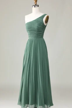 One Shoulder A Line Ruched Tea-Length Eucalyptus Bridesmaid Dress