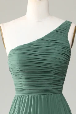One Shoulder A Line Ruched Tea-Length Eucalyptus Bridesmaid Dress