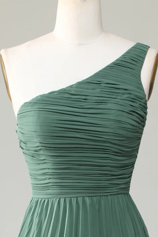 One Shoulder A Line Ruched Tea-Length Eucalyptus Bridesmaid Dress