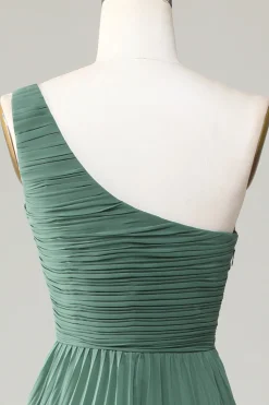 One Shoulder A Line Ruched Tea-Length Eucalyptus Bridesmaid Dress