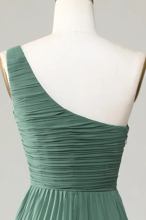One Shoulder A Line Ruched Tea-Length Eucalyptus Bridesmaid Dress