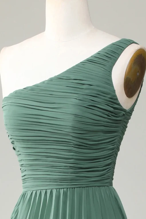One Shoulder A Line Ruched Tea-Length Eucalyptus Bridesmaid Dress