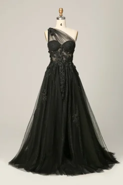 One Shoulder A Line Tulle Black Prom Dress with Beading