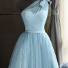 One Shoulder Blue Graduation Dress With Bowknot