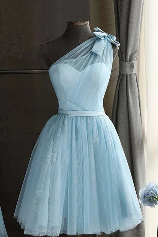 One Shoulder Blue Graduation Dress With Bowknot