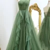 One Shoulder Green A Line Tulle Prom Dress with Lace-up Back