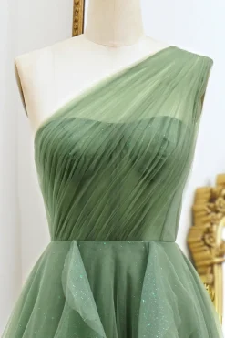 One Shoulder Green A Line Tulle Prom Dress with Lace-up Back