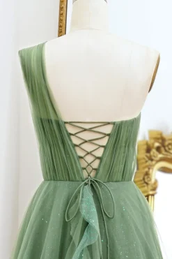 One Shoulder Green A Line Tulle Prom Dress with Lace-up Back