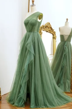 One Shoulder Green A Line Tulle Prom Dress with Lace-up Back