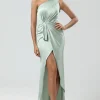 One Shoulder Matcha Bridesmaid Dress with Ruffles