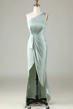One Shoulder Matcha Bridesmaid Dress with Ruffles