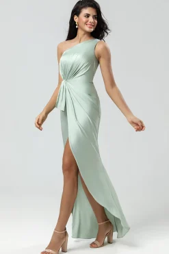 One Shoulder Matcha Bridesmaid Dress with Ruffles
