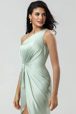 One Shoulder Matcha Bridesmaid Dress with Ruffles