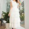 One Shoulder Tiered White Midi Graduation Dress with Bow
