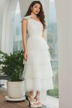 One Shoulder Tiered White Midi Graduation Dress with Bow