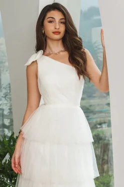 One Shoulder Tiered White Midi Graduation Dress with Bow