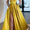 One Shoulder Yellow Satin Princess Prom Dress with Bow
