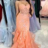 Orange Appliques Mermaid Corset Spaghetti Straps Prom Dress