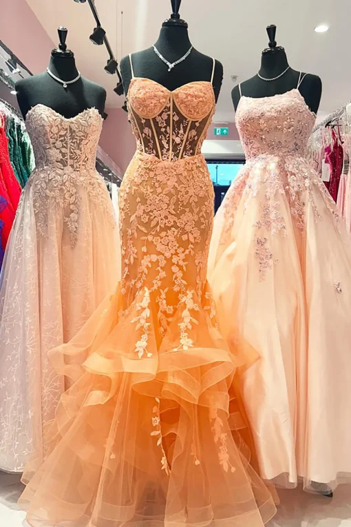 Orange Appliques Mermaid Corset Spaghetti Straps Prom Dress