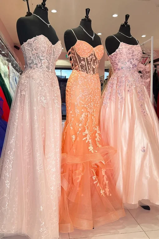 Orange Appliques Mermaid Corset Spaghetti Straps Prom Dress